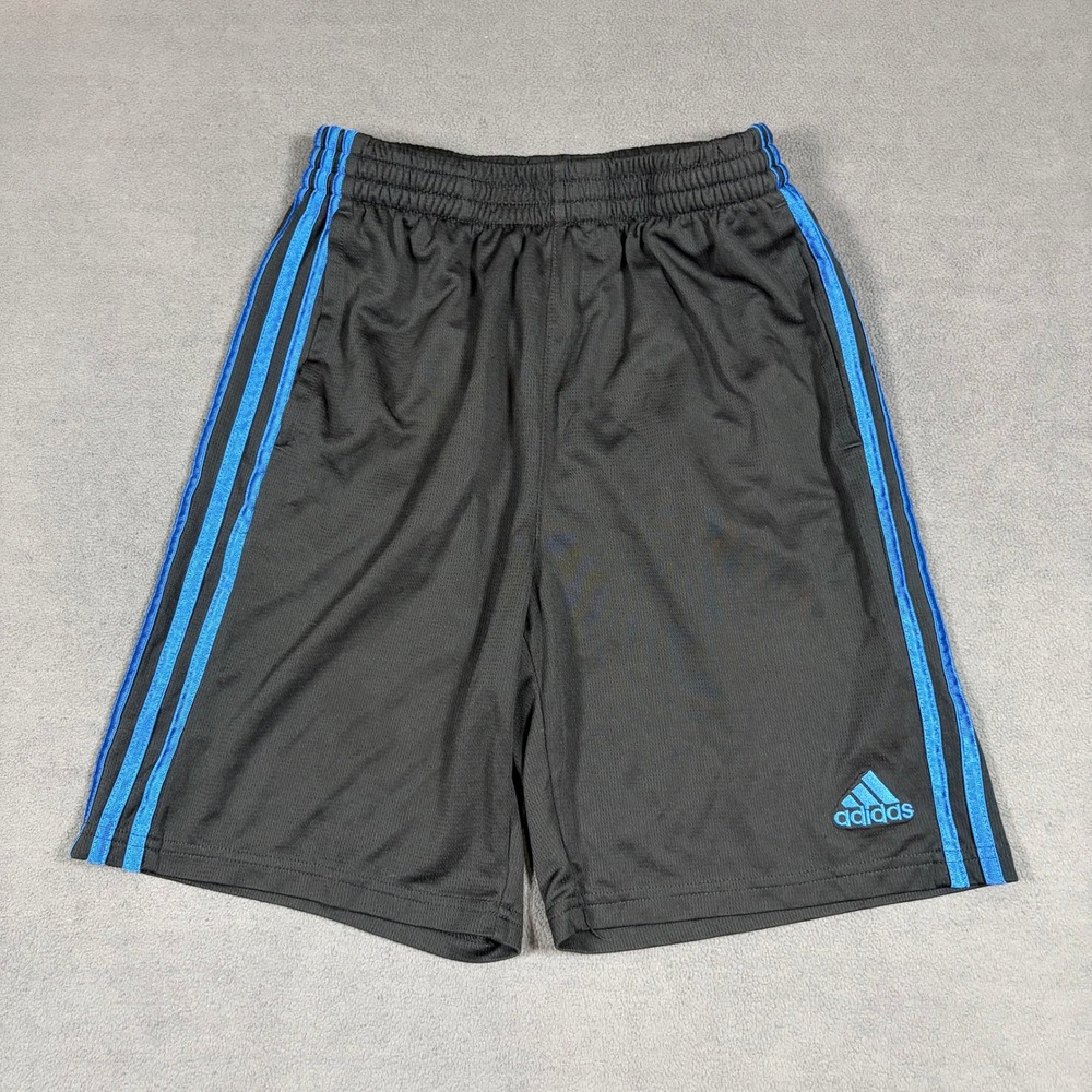 Adidas Athletic Shorts Boys Large 14/16 Black Blue 3-Stripe Performance